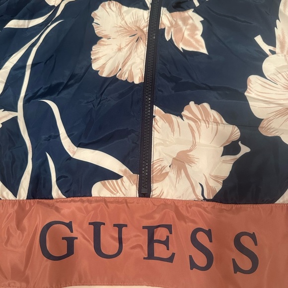 GUESS Women's Navy Pink Floral Bomber Jacket Wind Breaker Hooded  Pockets Sz M - Picture 9 of 10